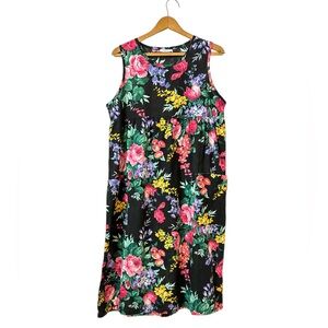 Vintage Tara Sleeveless Dark Floral Midi Dress Empire Waist Size M Pockets (G30)